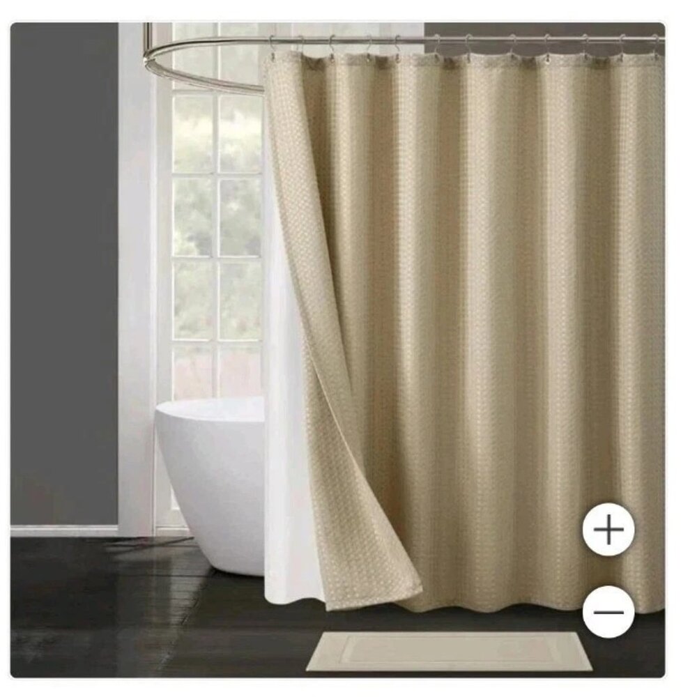 Textured Shower Curtain 4pc Set Tan Includes Liner Hooks Bath Mat, NWT